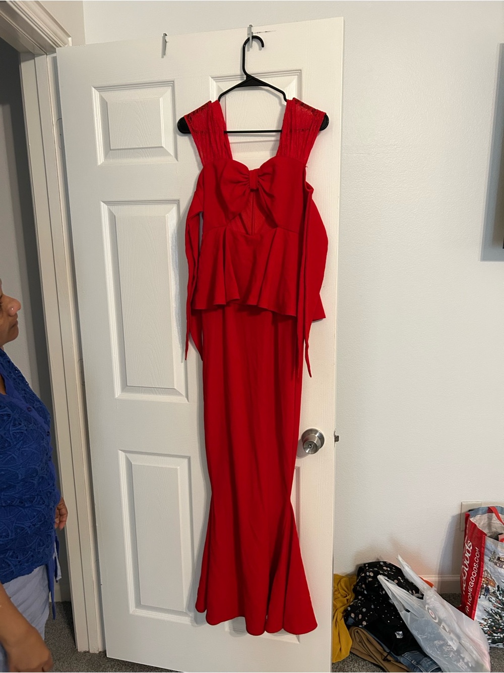 Red Sleeveless Bow-Front Peplum Evening Dress
